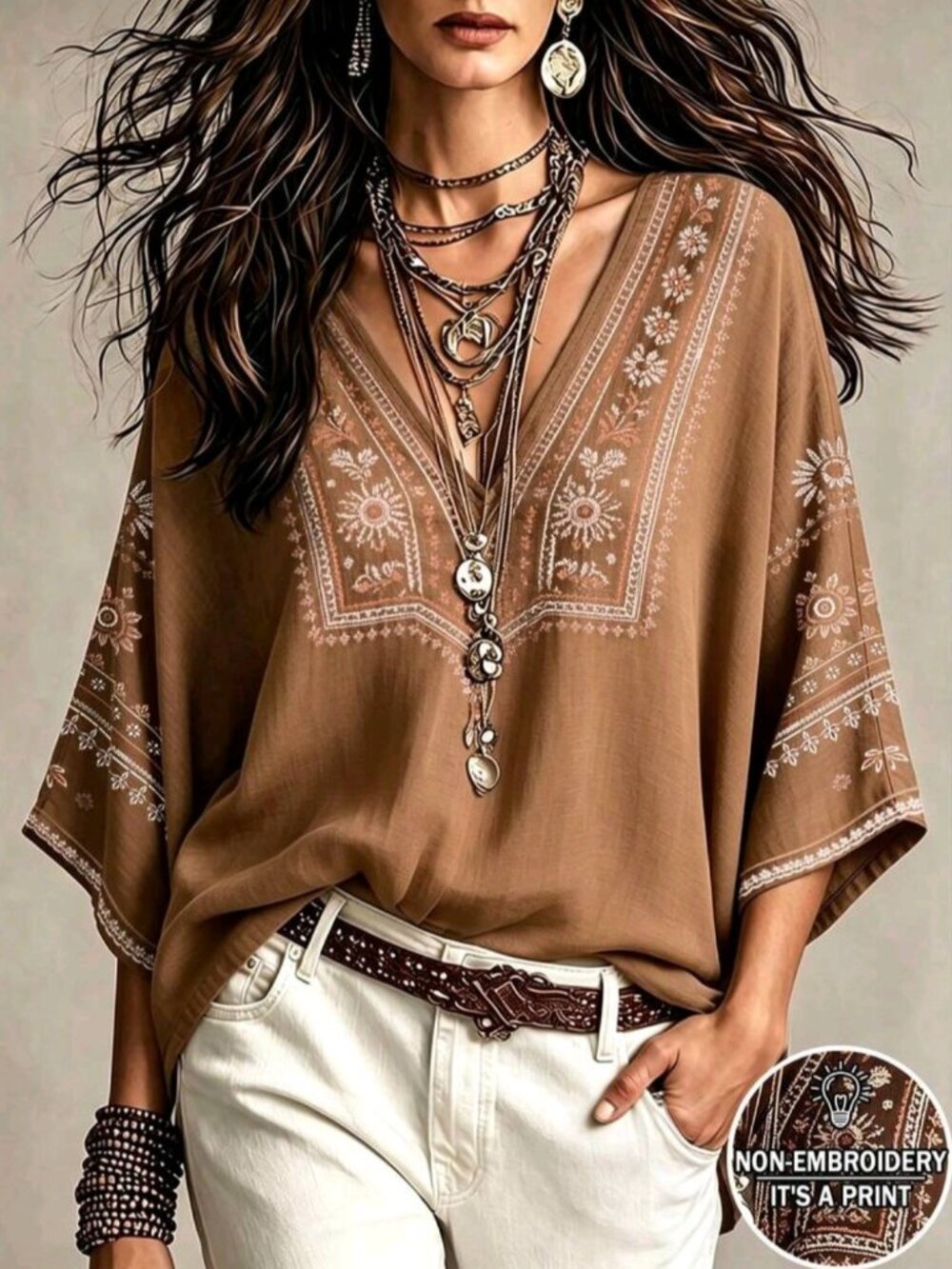 Bohemian Faux Embroidery Floral Print Women's Top, Loose V-Neck Batwing 3/4